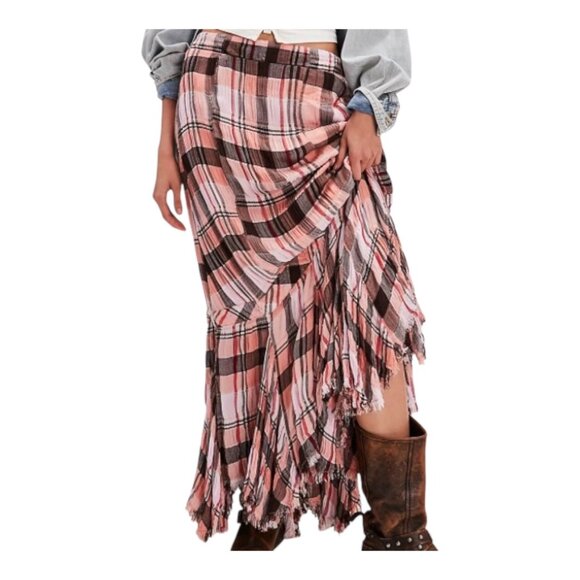 Free People Bordeaux Plaid Maxi Skirt L Soft Combo Pink Frayed Hem Western Boho - Picture 1 of 13